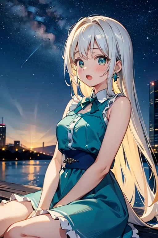 estilo mksks, ( very detailed background :1.0), ( Highly detailed background :1.0), 1 girl, bare shoulders, dress aqua, dress verde, sleeveless dress , dress, home,  long hair, night, night sky, open mouth,  outdoor,, sitting, sky, sleeveless, sleeveless dress, star (sky), starry sky, city, got old,  small breasts, ((white ruffles)), (dress branco)