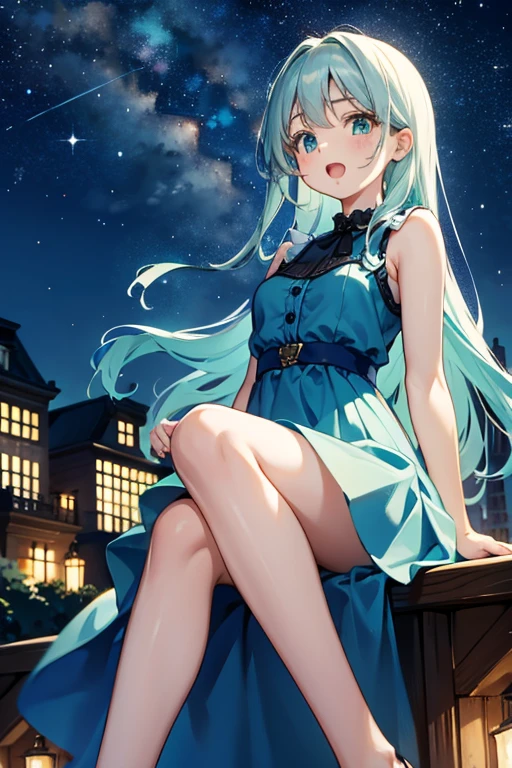 estilo mksks, ( very detailed background :1.0), ( Highly detailed background :1.0), 1 girl, bare shoulders, dress aqua, dress verde, sleeveless dress , dress, home,  long hair, night, night sky, open mouth,  outdoor,, sitting, sky, sleeveless, sleeveless dress, star (sky), starry sky, city, got old,  small breasts, ((white ruffles)), (dress branco)