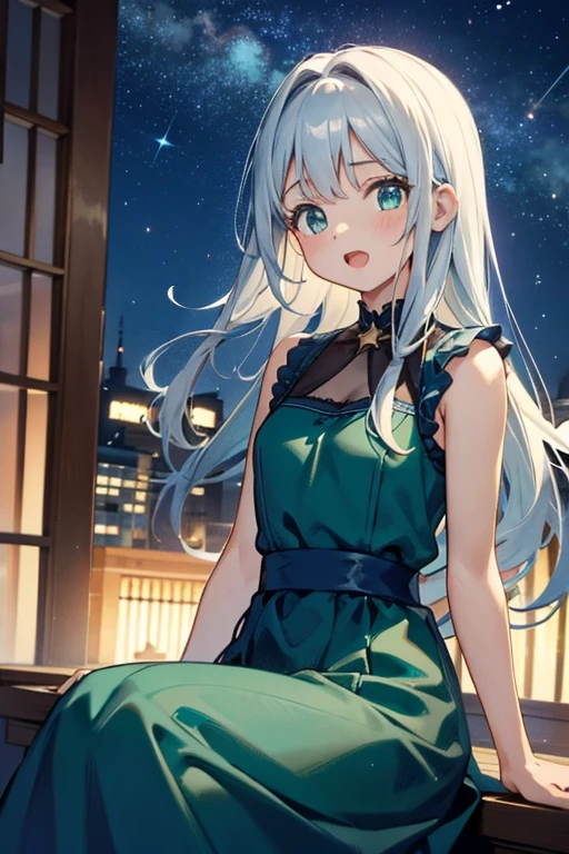 estilo mksks, ( very detailed background :1.0), ( Highly detailed background :1.0), 1 girl, bare shoulders, dress aqua, dress verde, sleeveless dress , dress, home,  long hair, night, night sky, open mouth,  outdoor,, sitting, sky, sleeveless, sleeveless dress, star (sky), starry sky, city, got old,  small breasts, ((white ruffles)), (dress branco)