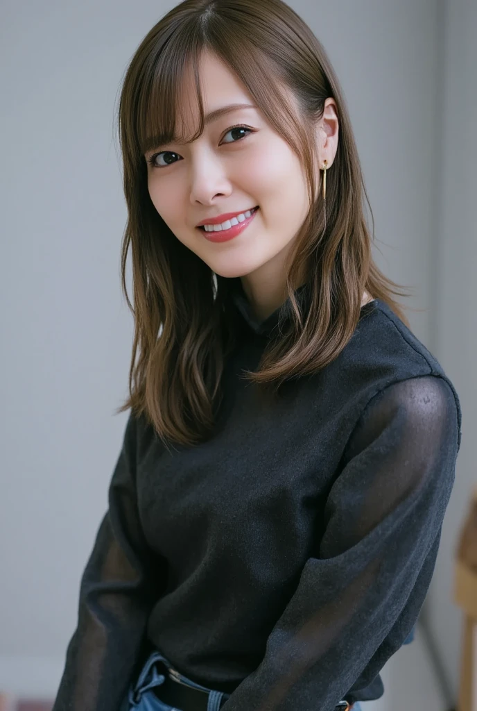 8k, RAW Photo, Best Quality, Masterpiece:1.2),(Realistic, photo-realistic:1.37), Super Detail, She is wearing tight thin fitting transparent black long sleeve turtleneck , no pants, transparent black pantyhose, cinematic lighting, ecstacy face, monotone background, facing front, smiling, portrait, dressed up to the belly button, dressed up to the neck
