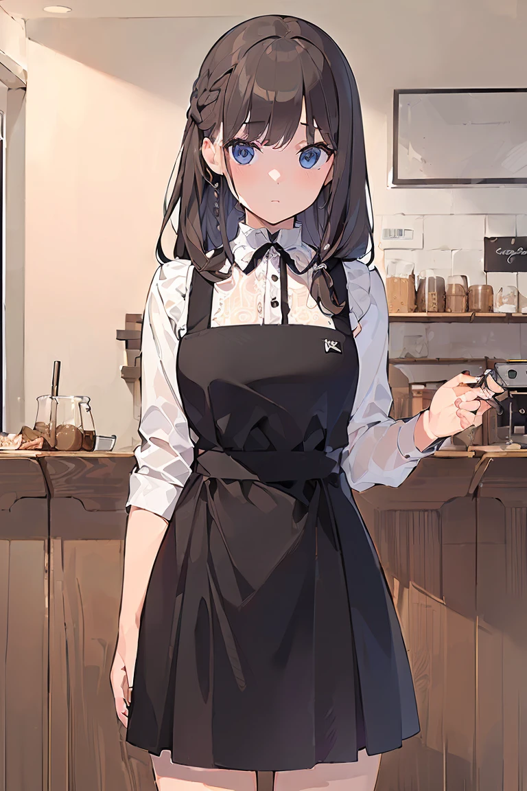 (((Best quality, 8k, Masterpiece: 1.3)), ((best quality)), ((masterpiece)), (detailed), perfect face, perfect body, (detailed skin:1.3), (intricate details), swept bangs, low-braided long hair, pinafore dress, cowboy shot, cafe, Cafe clerk, waitress