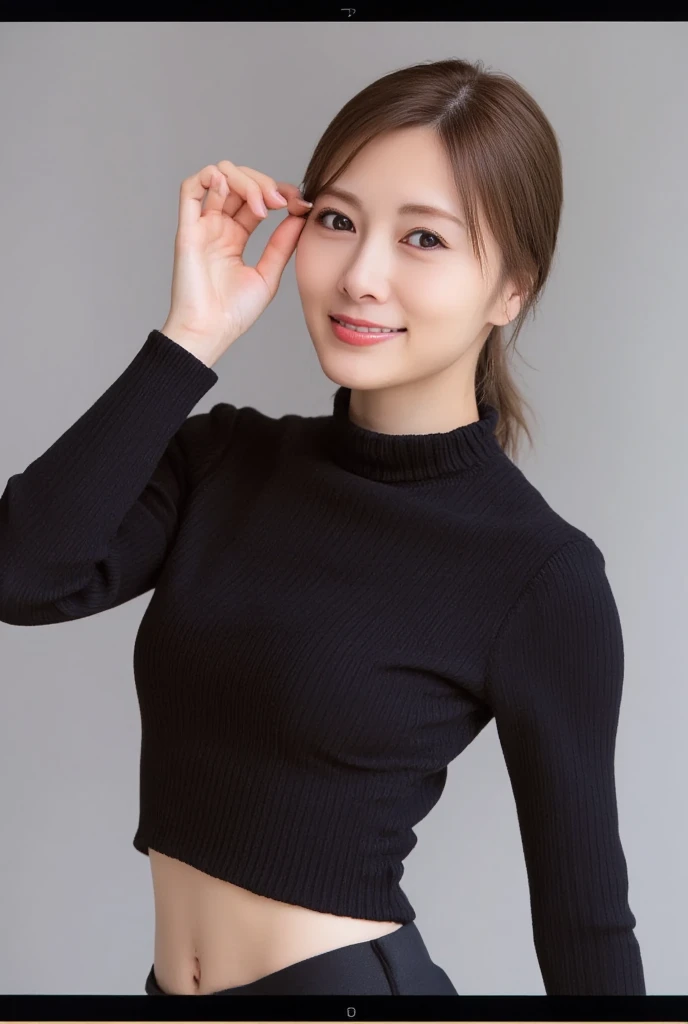 8k, RAW Photo, Best Quality, Masterpiece:1.2),(Realistic, photo-realistic:1.37), Super Detail, She is wearing tight thin fitting transparent black long sleeve turtleneck , no pants, transparent black pantyhose, cinematic lighting, ecstacy face, monotone background, facing front, smiling, portrait, dressed up to the belly button, dressed up to the neck
