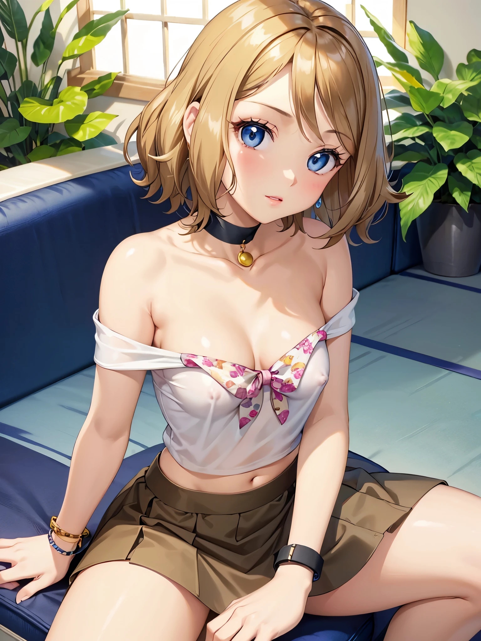 1woman, beautiful woman, photo of slim girl model, cute young woman, happy, small, (Young), good-looking, very short blouse, printed blouse, miniskirt, light brown hair, short hair, wavy hair, bare arms, medium breasts, blue eyes, perfect anatomy, perfect hands, detailed eyes, navel, midriff, beautiful and detailed lips, woven bracelets, indoors, coach, sitting on coach, close up, on back, long eyelashes, beautiful face, detailed eyelashes, detailed lips, lip gloss, anime style, naughty face, knee up, bare shoulders, plunging neckline, covered nipples,