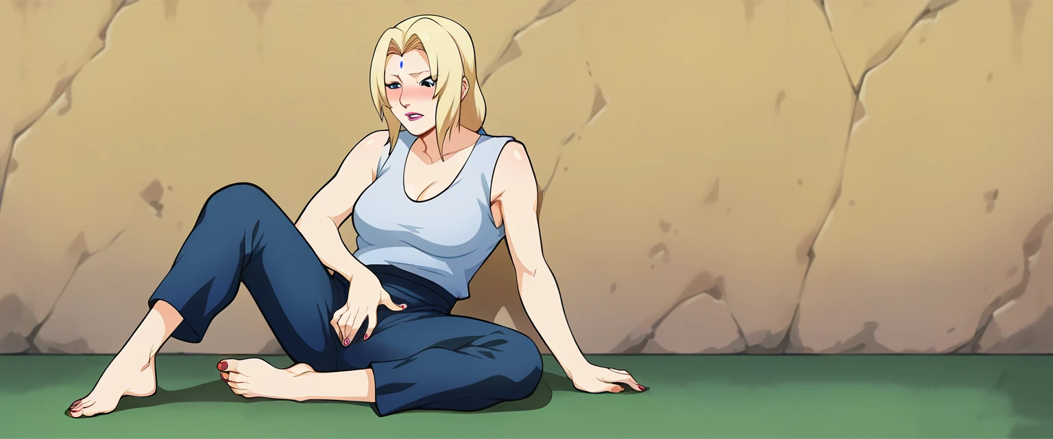 (Caucasian ethnicity) masterpiece, 4k,  lyrics, Tsunade, barefoot,  a woman in pants , Alone, At home, Tsunade y sus pantalones, Tsunade usando pantalones de artes marciales holgados,  she can't help masturbating with her martial arts pants on, Sitting masturbating , Feels rich , Tsunade le parece rico masturbarse,  legs spread