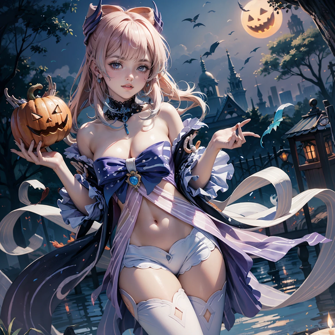 (​masterpiece、top-quality:1.2), cowboy  shot, 独奏, 1girl in,embarassed expression、the viewer, A pink-haired, Hair above one eye,((bunnygirl)), (pantyhose)、(Leotard)、(high-heels)、fullmoon、Pumpkin lantern、Sit up