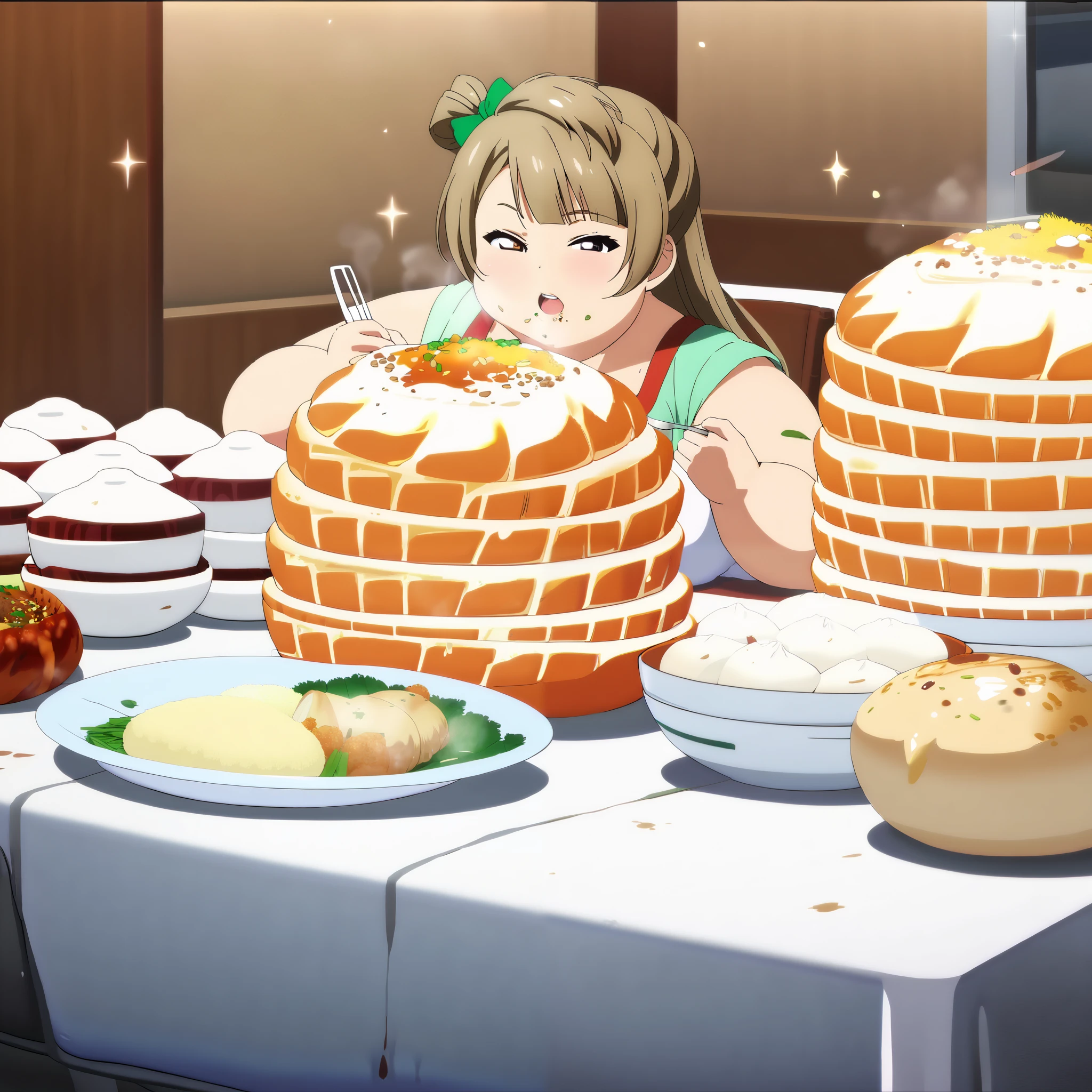 1girl,solo,
minami kotori, love live!
casual wear,skirt,
grin,
oogui,
sitting,
indoors,restaurant,
looking down,
dirty,
food on face,
sparkle,
food,eating,table,holding spoon,holding fork,bowl,noodles, ramen,plate, holding,pasta,meat, rice,spaghetti,egg,fried rice, jiaozi,soup,dumpling, pancake,salad, meandros, cereal,fruit, steam, meatball,curry rice,drink,empty bowl,
fake screenshot,gameplay mechanics,
masterpiece, best quality, ultra detailed, highres,4k,(ultra-detailed:1.4) (illustration:0.5), (ray tracing,:0.8),(anime colored:0.7),(ai-generated:0.5),  fat, chubby, obese, gigantic arms and legs, large breasts open mouth, out of breath