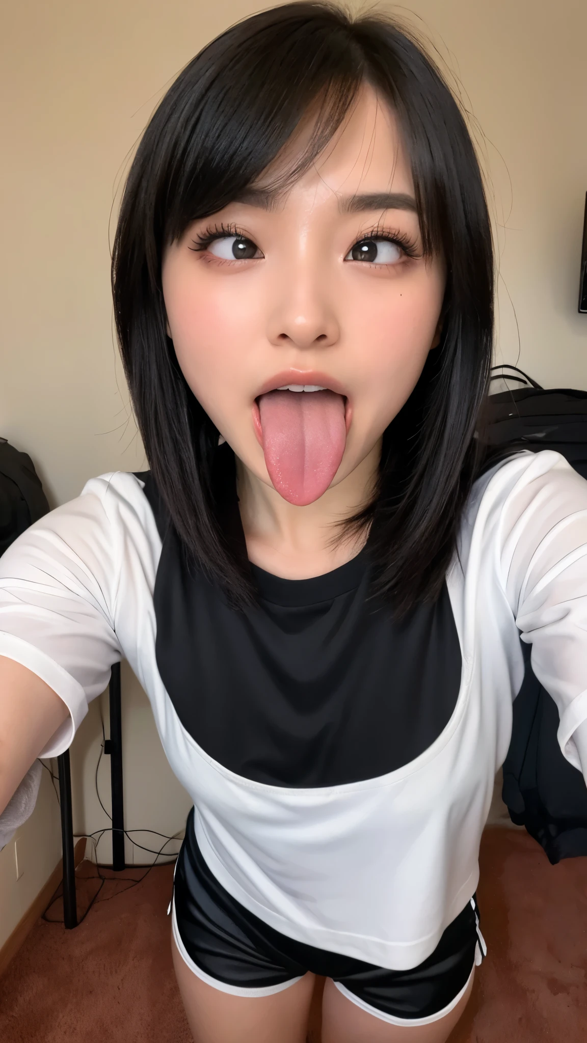 Tabletop,,Awards - Winning Photos, Very detailed, Face close-up、Keep your eyes focused, Nose and mouth,Face Focus, Woman with open mouth and closed eyes, Face Focusの接写、Age 35,Black-haired、Symmetrical face,Realistic nostrils、Angle from below、Elongated C-shaped nostrils、Sweaty skin、Skin shiny with sweatを強調する照明、((Sharp Nose))Skin shiny with sweat、Shiny skin、Big eyes、double eyelid、(My tongue is wet and shiny) ((Wet tongue)) ((Berokisu))garden,In front of the mimosa flowers,Bandage on right hand