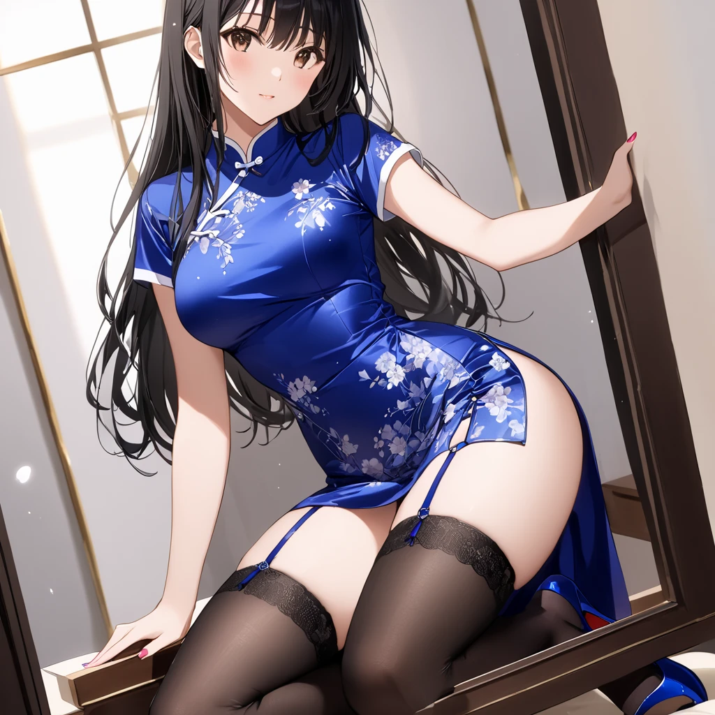 Masterpiece, best, 1 female, blue cheongsam, blue dress, full body photo, ancient Chinese style, white cloth bun bun, black hair, shoulders, big breasts, slender legs, smile, white suspenders, lace, White underwear, pale pink lips, embroidered dress