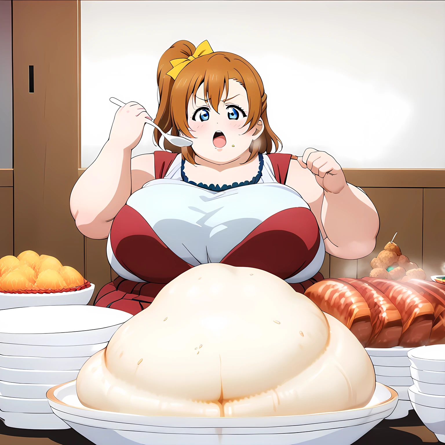 1girl,solo,
kousaka honoka, love live!,blue eyes,
casual wear,skirt,
sweat,
panicking,clenched teeth,
oogui,
sitting,
indoors,restaurant,
looking down,
dirty,
food on face,
food,eating,table,holding spoon,holding fork,bowl,noodles, ramen,plate, holding,pasta,meat, rice,spaghetti,egg,fried rice, jiaozi,soup,dumpling, pancake,salad, meandros, cereal,fruit, steam, meatball,curry rice,drink,empty bowl,
fake screenshot,gameplay mechanics,
masterpiece, best quality, ultra detailed, highres,4k,(ultra-detailed:1.4) (illustration:0.5), (ray tracing,:0.8),(anime colored:0.7),(ai-generated:0.5),  fat, chubby, obese, gigantic arms and legs, large breasts open mouth, out of breath