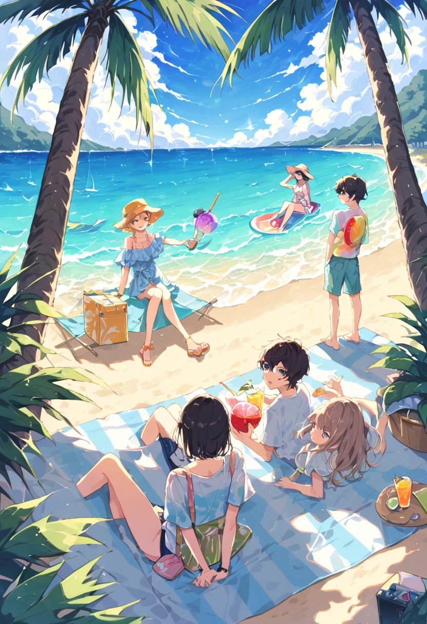 A vibrant, summer-themed illustration showcasing a group of carefree and stylish young people enjoying a relaxed beach day. The scene is set on a golden sandy beach with calm turquoise waves gently rolling in the background. Palm trees sway softly in the warm breeze, and the sun casts a gentle glow across the entire landscape.

At the center, a group of diverse teens and young adults exudes a chill yet joyful vibe. Some are lounging on colorful beach blankets, sipping from coconut drinks or chilled sodas, while others are sitting in beach chairs, dipping their feet in the water, or laughing together while taking selfies for social media. A couple of friends are tossing a frisbee in the distance, adding a playful touch without overwhelming the calm atmosphere.

Scattered around the scene are laid-back details: an open cooler filled with ice and drinks, a portable speaker playing music, and books and magazines lying on the sand. Farther back, a hammock is tied between two palm trees, with someone lying down and enjoying the view. The sky is painted with soft pastel hues of blue, peach, and lavender, adding a dreamy, relaxed touch.

The clothing style reflects youth culture—trendy swimwear, oversized sunglasses, bucket hats, and tie-dye shirts. The entire composition feels spontaneous and fun, with soft, warm lighting and gentle motion. Text at the top reads 'Summer Breeze' in a casual handwritten font, perfectly fitting the relaxed and youthful theme.