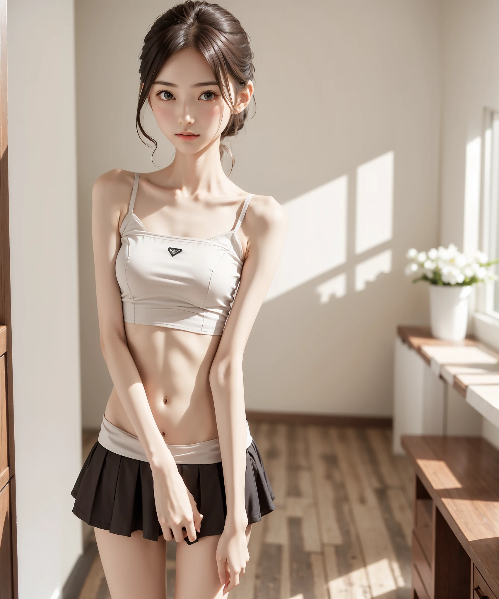 Maid, chignon hair,brown hair,slender body,cute pretty girl