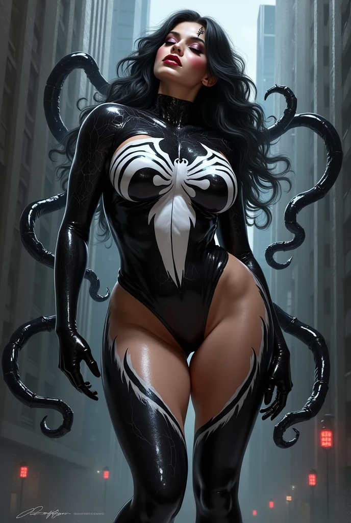 4K,realisticlying,Glamorous,The very detailed,There a girl in Dingcheng,Wearing a black Spider-Man costume,(Black and white:1.4) the night,symbiote,venomize,a large amount of mucus,she a spiderman,Black superhero theme,In front of the sky,Flushed complexion,( Open legs, camel-toe,, Vulvar shape:1.3),(GGCameltoe:1.3)Legs apart,25 age old,full bodyesbian