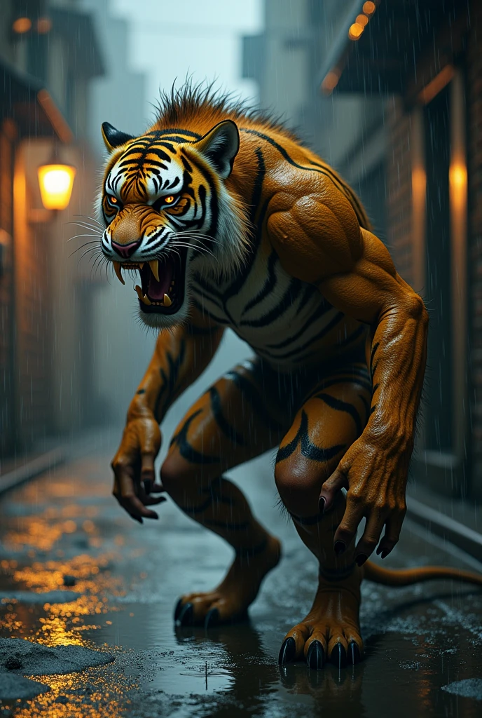 detailed realistic photo of strong male anthropomorphic bipedal leopard warrior soaked wet in rain, visible erect penis , realistic wet fabric, realistic wet fur, full body view, flirty lewd pose