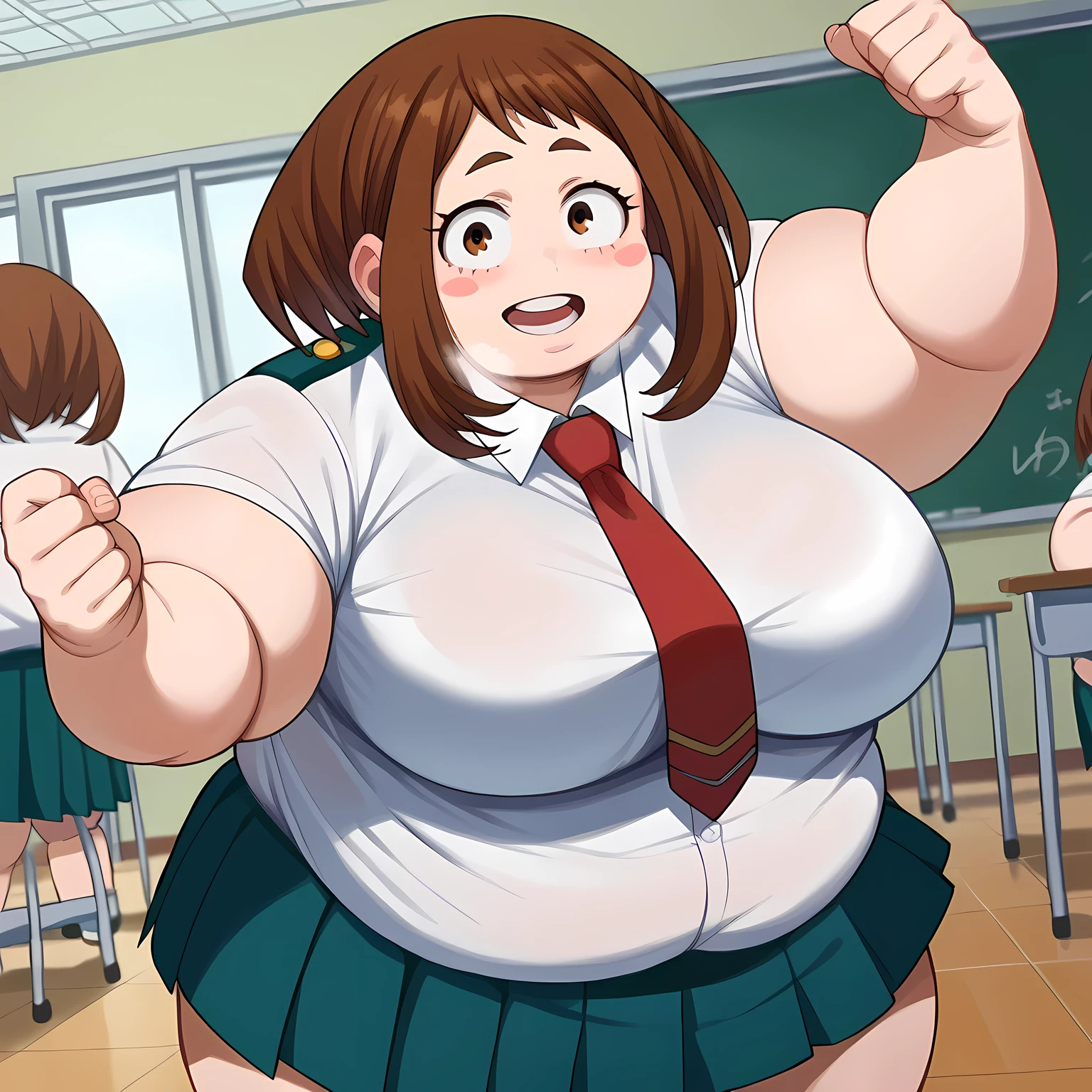 score_9, score_8_up, score_7_up, source_anime,
ochakouraraka, ochako uraraka, brown eyes, brown hair, short hair, blush, blush stickers, smile,
skirt, shirt, school uniform, white shirt, short sleeves, pleated skirt, necktie, collared shirt, red necktie, u.a. school uniform,
indoors, classroom,
looking at viewer, cowboy shot, dutch angle, dynamic pose,  fat, chubby, obese, gigantic arms and legs, large breasts open mouth, out of breath