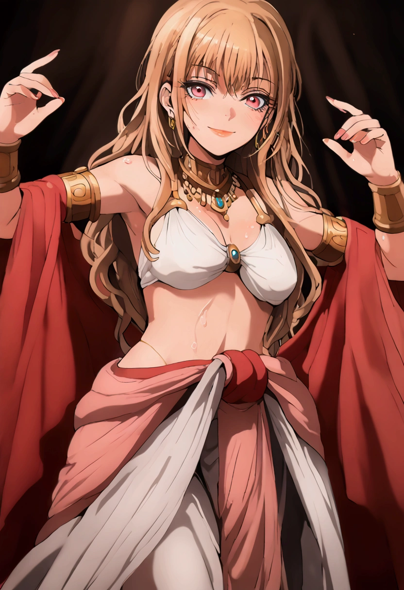 Mamimi style, Marin, harem outfit, Female, European, Golden locks cascading in loose waves down to her waist, dark pink eyes, dancer's physique, in Persian palace before a throne, sweaty, mid-dance, smirking, 