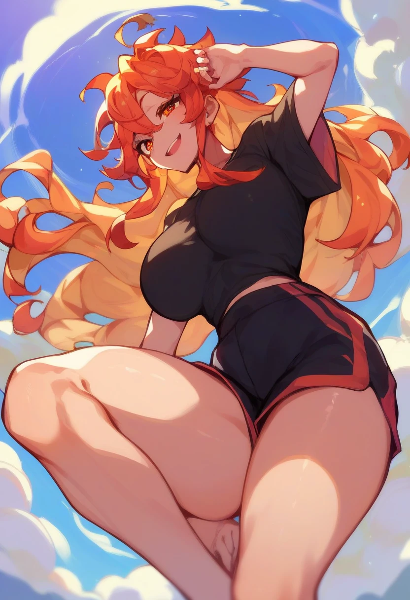 sCore_9,sCore_8_above,Core_7_above,   mavuika-gi  ,  a girl, d cup breasts, alone, long hair, neckline,   big breasts , sky,   looking at the spectator , sky negro, blows, smile, outdoors, cloud,  Body, Evening,  black top, Removing white t-shirt, soft thighs, adult, Sports shorts 