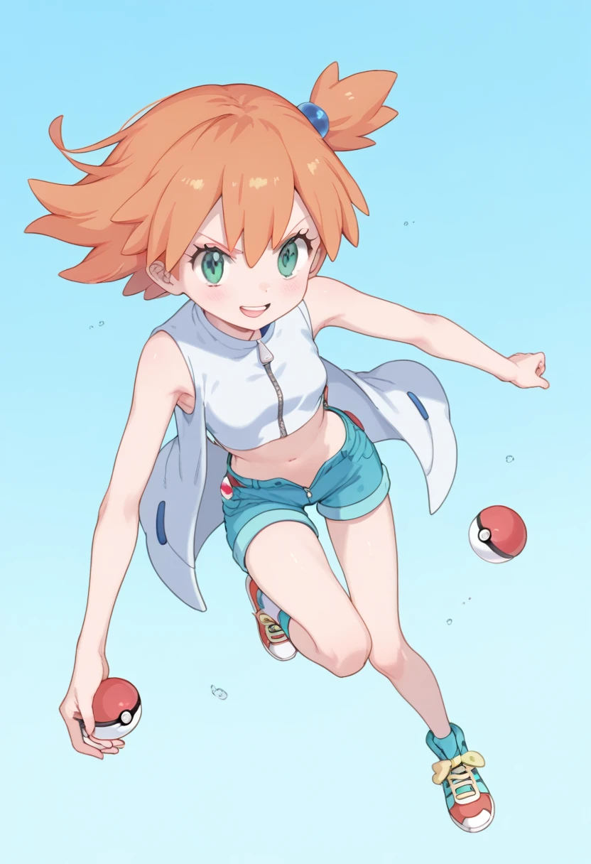 Character Misty_pokemon , Berry Short,Orange Hair, one side up hair ,Big green eyes,Small breasts ,Skinny .pokemon. White sleeveless crop top with vertical lines,, Blue short , white jacket with blue detail on zipper and sleeves. Red and white sneakers. PokeBall, battle , maniac, different expression 