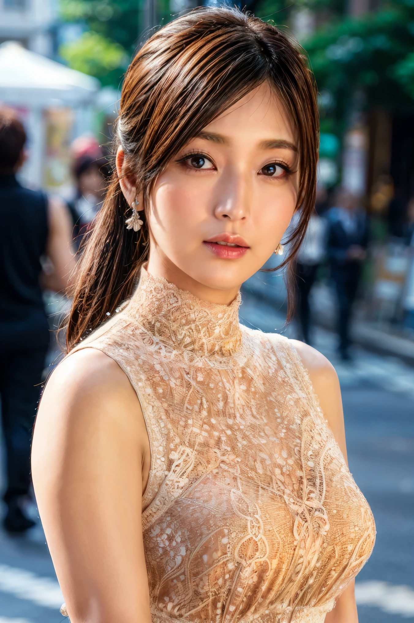 (high resolution photograph of a Japanese mature woman posing on the street corner), realistic, photo-realistic, best quality, masterpiece, 8k, RAW photo, intricate details, extremely detailed, sharp focus, professional lighting, portrait, solo, 1girl, an elegant lady, sensual pose, medium breasts, (lace-trimmed dress, high neck, sleeveless:1.5), (forehead, medium hair, ponytail), pale skin, detailed face, beautiful detailed eyes, sophisticated nose, earrings, choker, jewelry, looking at viewer, (serious face, closed mouth), photo background, outdoors, street, crowds, daytime, 