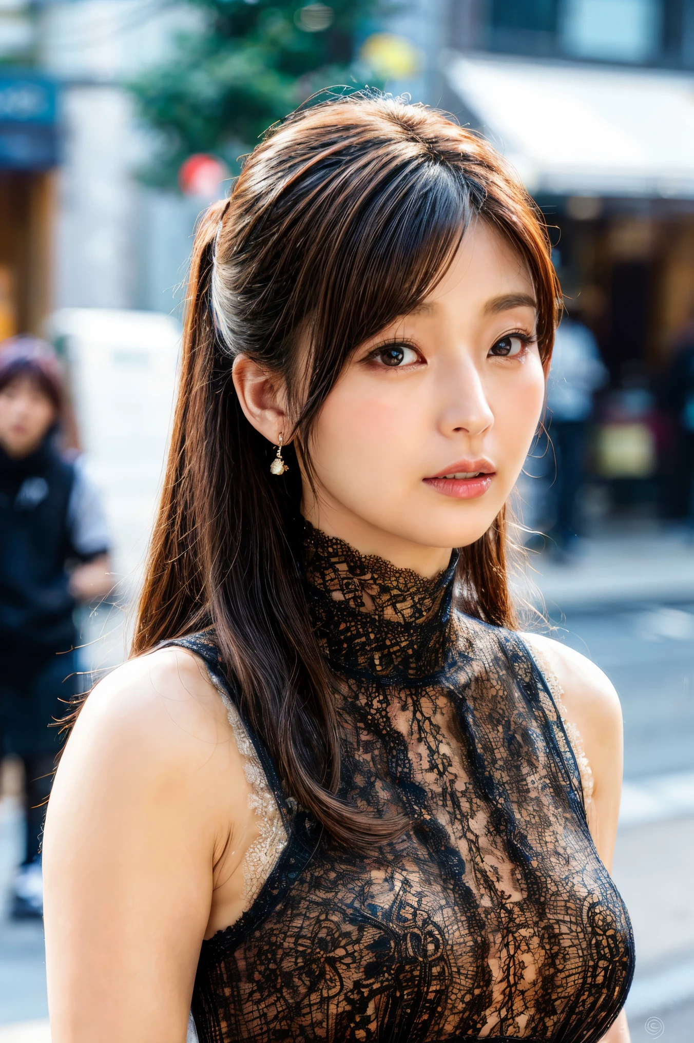 (high resolution photograph of a Japanese mature woman posing on the street corner), realistic, photo-realistic, best quality, masterpiece, 8k, RAW photo, intricate details, extremely detailed, sharp focus, professional lighting, portrait, solo, 1girl, an elegant lady, sensual pose, medium breasts, (lace-trimmed dress, high neck, sleeveless:1.5), (forehead, medium hair, ponytail), pale skin, detailed face, beautiful detailed eyes, sophisticated nose, earrings, choker, jewelry, looking at viewer, (serious face, closed mouth), photo background, outdoors, street, crowds, daytime, 