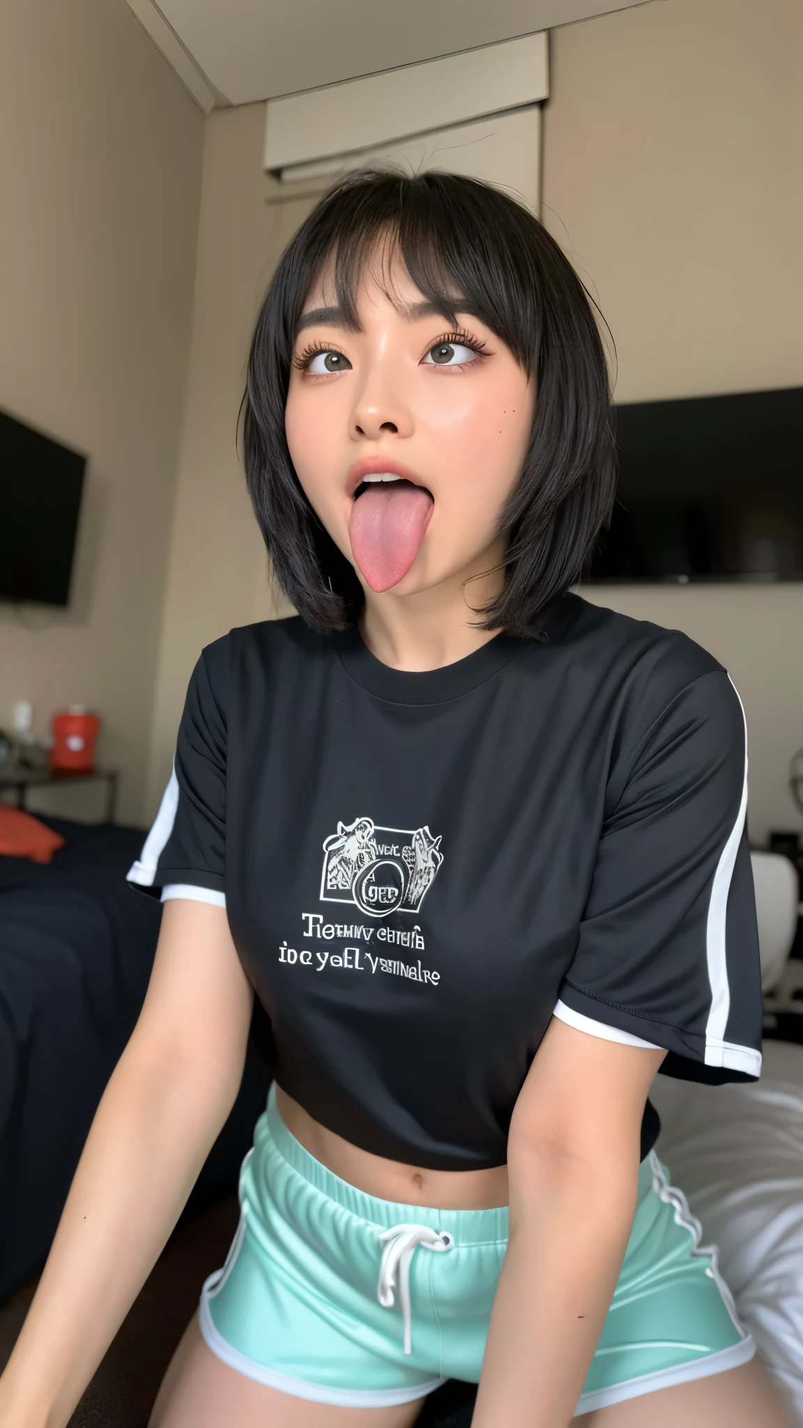  1 girl , table top naked underneath the jacket,,Award-winning photo,  Very detailed,  face close-up 、 Keep Your Eyes Focused , Nose and mouth, face focus to be interrogated,  a woman with her mouth open and her eyes closed,  face focus to be interrogatedの接写、age: 18 ,Black-haired、Symmetrical face, Insulated、angle from below、Extended C-shaped nostrils 、 sweated skin、 sweated,  lighting to highlight shiny skin、((( Loose Fit T Shirt, Shorts),)) sweated, shiny skin、shiny skin、Big Eyes、 double eyelids、( my tongue is wet and glowing ) ((Wet tongue)) (()) Disneyland,Taylor Hill, hyperrealistic ,real skin、Nogizaka Members,Detailed and realistic eyelashes and  double eyelidss, Big Breasts 