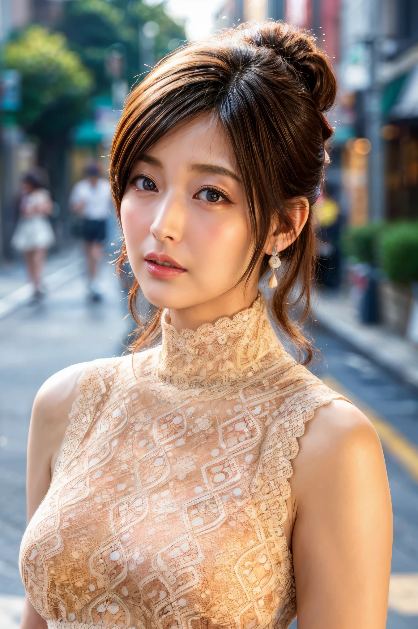 (high resolution photograph of a Japanese mature woman posing on the street corner), realistic, photo-realistic, best quality, masterpiece, 8k, RAW photo, intricate details, extremely detailed, sharp focus, professional lighting, portrait, solo, 1girl, an elegant lady, sensual pose, medium breasts, (lace-trimmed dress, high neck, sleeveless:1.5), (forehead, medium hair, ponytail), pale skin, detailed face, beautiful detailed eyes, sophisticated nose, earrings, choker, jewelry, looking at viewer, (serious face, closed mouth), photo background, outdoors, street, crowds, daytime, 