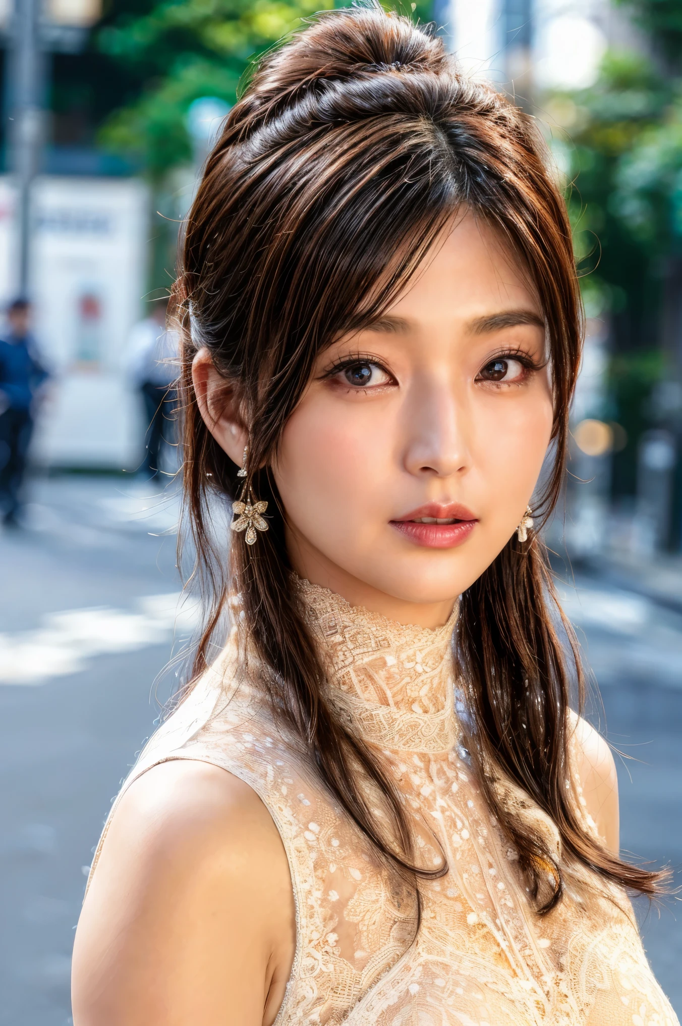 (high resolution photograph of a Japanese mature woman posing on the street corner), realistic, photo-realistic, best quality, masterpiece, 8k, RAW photo, intricate details, extremely detailed, sharp focus, professional lighting, portrait, solo, 1girl, an elegant lady, sensual pose, medium breasts, (lace-trimmed dress, high neck, sleeveless:1.5), (forehead, medium hair, ponytail), pale skin, detailed face, beautiful detailed eyes, sophisticated nose, earrings, choker, jewelry, looking at viewer, (serious face, closed mouth), photo background, outdoors, street, crowds, daytime, 