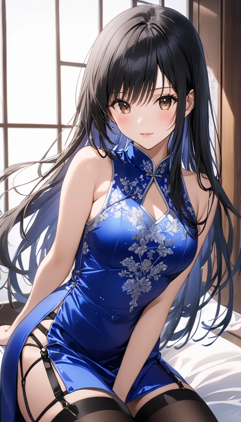  best quality、  Unity 8K Wallpaper、32K、masterpiece、 Very detailed、  ultra high resolution、 Very detailedな顔、 RAW photo、professional、Ultra-detailed paintings、female 1 person、Ultramarine long china dress in sparkling silk fabric with slits、Furukawa Yui、 black hair、 Brown Eyes 、 long hair、、 stockings、 garter belt、Blue Stiletto Heels 、