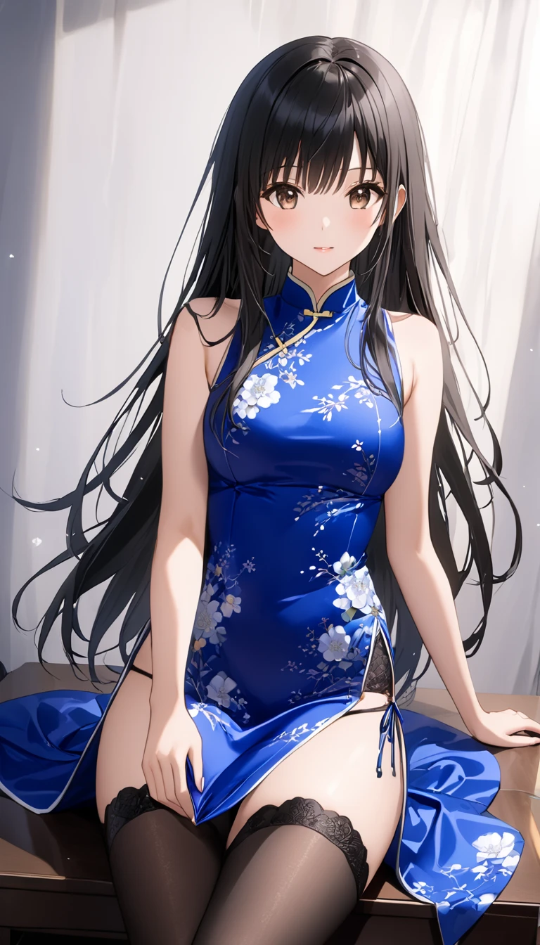  best quality、  Unity 8K Wallpaper、32K、masterpiece、 Very detailed、  ultra high resolution、 Very detailedな顔、 RAW photo、professional、Ultra-detailed paintings、female 1 person、Ultramarine long china dress in sparkling silk fabric with slits、Furukawa Yui、 black hair、 Brown Eyes 、 long hair、、 stockings、 garter belt、Blue Stiletto Heels 、