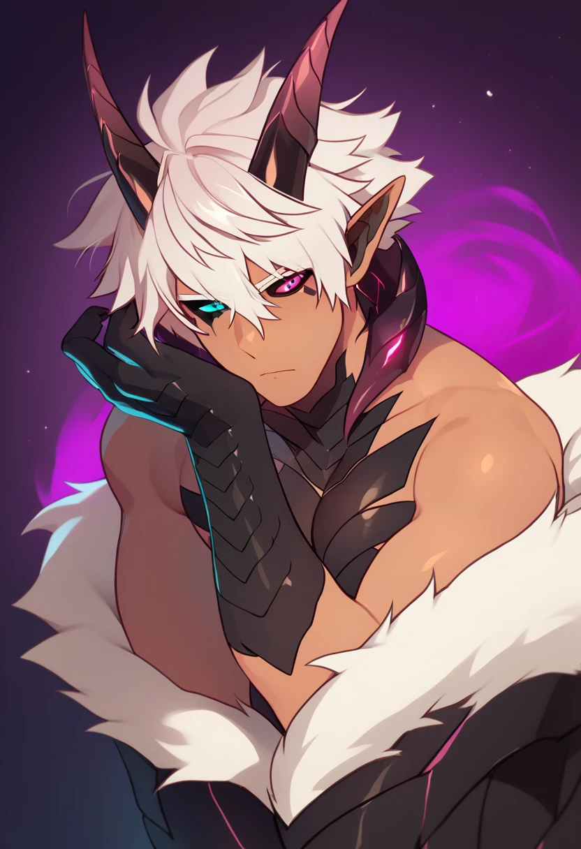 Solo, tanned axolotl-dragon man, bara, with white hair, fluffy messy hair, long unruly hair, dragon horns, black scales, long tail, black sclera, heterochromia, magenta eye, teal eye, abyssal power ,buff, black hole aesthetic , gradient skin, claws, ((multiple hues: purple, magenta, teal, blue)), super tired, abyssal magic, aura of dark power, glowing hair, cataclysm incarnate, sad.