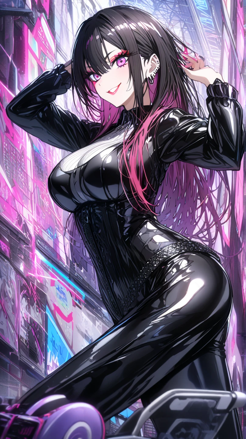 score_9, score_8_up, score_7_up, source_anime,
KitagawaMarin,
1girl, smile,
multicolored hair, long hair, magenta eyes, ear piercing, earrings, pink nails, makeup,
Marin kitagawa, (masterpiece, best quality), mib 2, sexy, HD, silver necklake, Big breast, black leather jacket, black latex corset, black leather pants, black heels, perfect body, sexy pose, hands on own hips