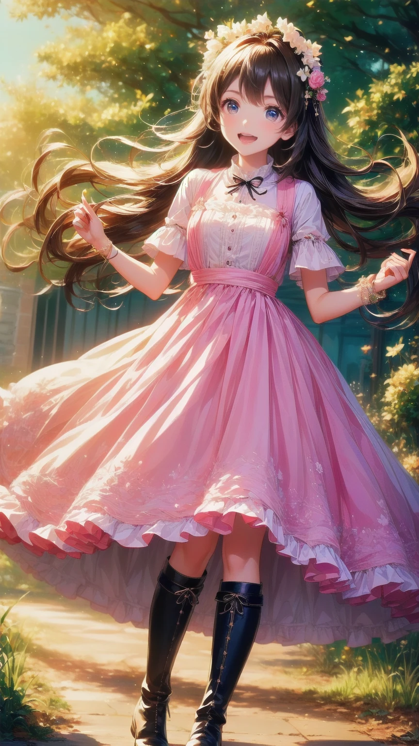 、 beautiful girl、とてもcute天使、 pink gothic dress 、cute、baby face、smile、 long skirt、 black long boots 、
