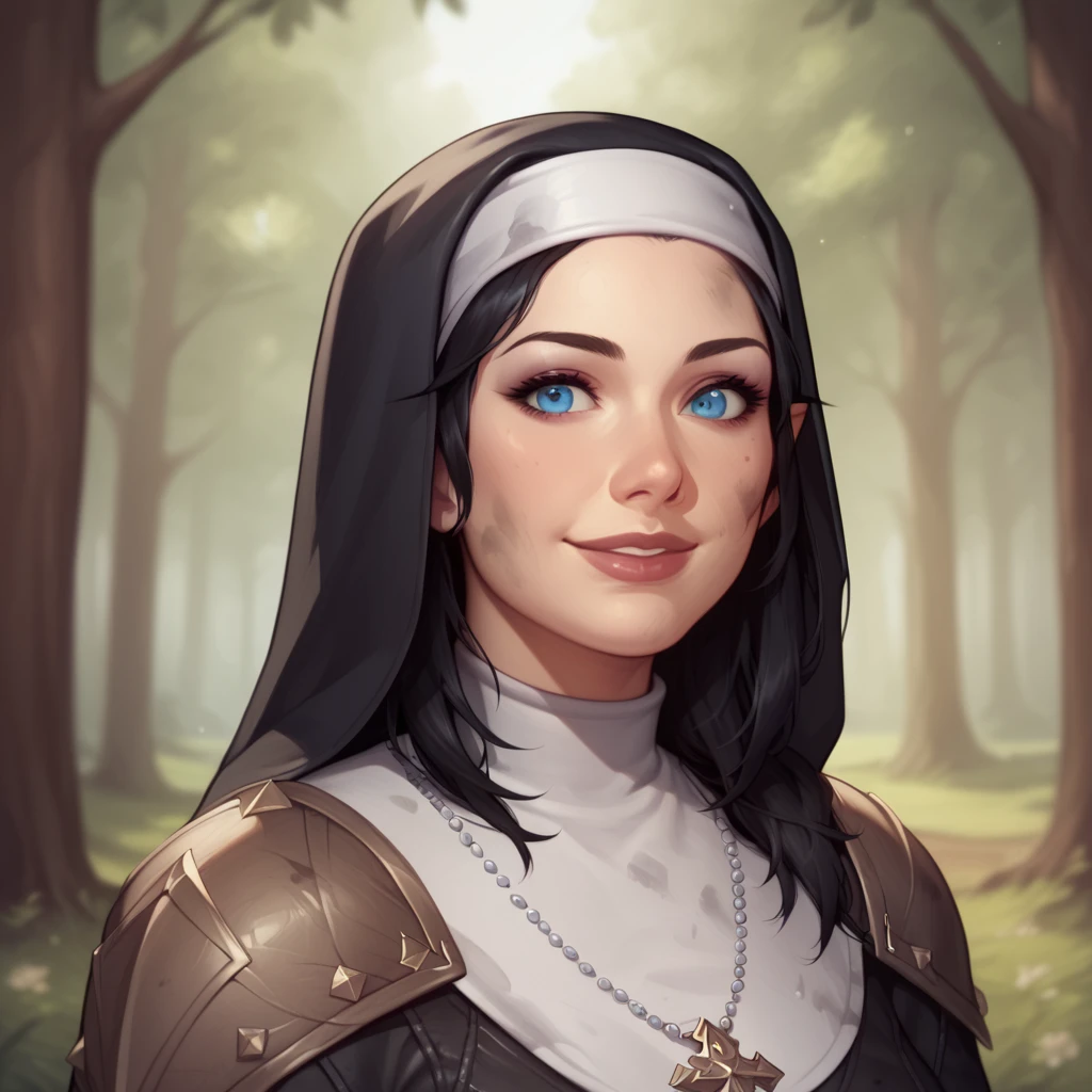 (((beautiful, high quality, comics style, detailed face))), score_9, score_8_up, score_7_up, BREAK, 1girl, duxlipa, warrior nun, small pointed ears, black hair, blue eyes, leather armor, leather shoulder pads, patterns on armor, simple pendant, nun veil, dirty clothes, smile, docile, female focus, solo:1.4, portrait, upper body, portrait, looking at the viewer, forest background, fantasy, blurred background, Expressiveh, detailxl, DeepNegative_xl_v1