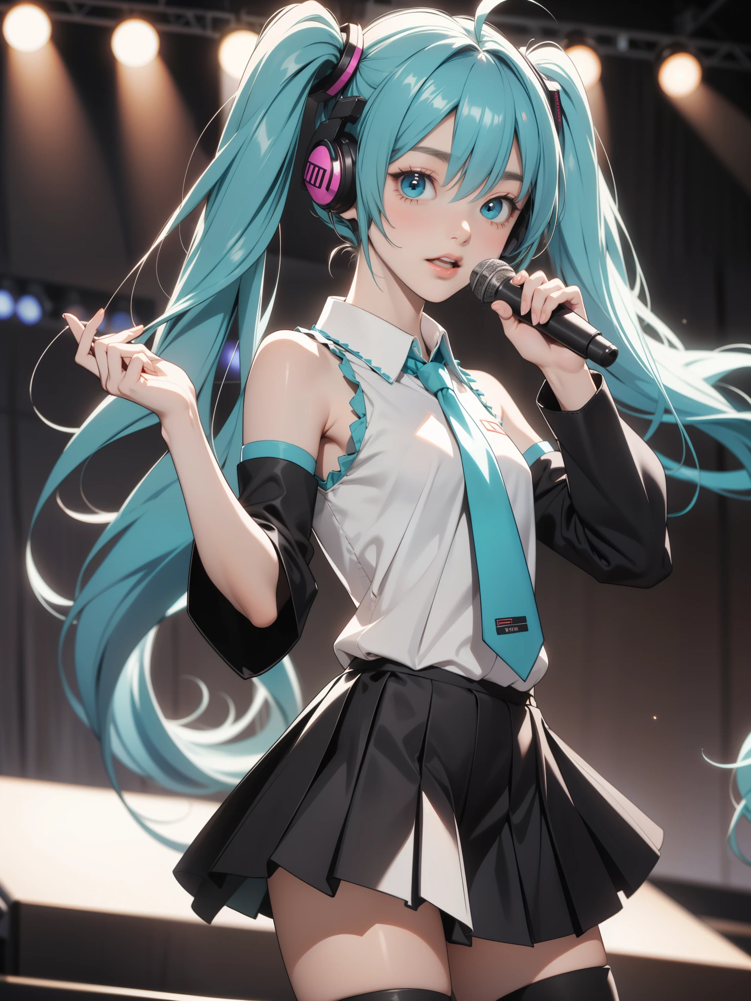 score_9, score_8_up, score_7_up, source_anime, mikuhatsune, miku hatsune, ahoge, aqua eyes, aqua hair, crossed bangs, hair between eyes, hair ornament, headphones, long hair, twintails, mature female, aqua necktie, black footwear, black skirt, black sleeves, boots, collared shirt, detached sleeves, grey shirt, necktie, pleated skirt, shirt, skirt, sleeveless, sleeveless shirt, thigh boots, tie clip, indoors, stage, stage lights, concert, microphone,  audience, singing, looking at viewer, dutch angle, cowboy shot,