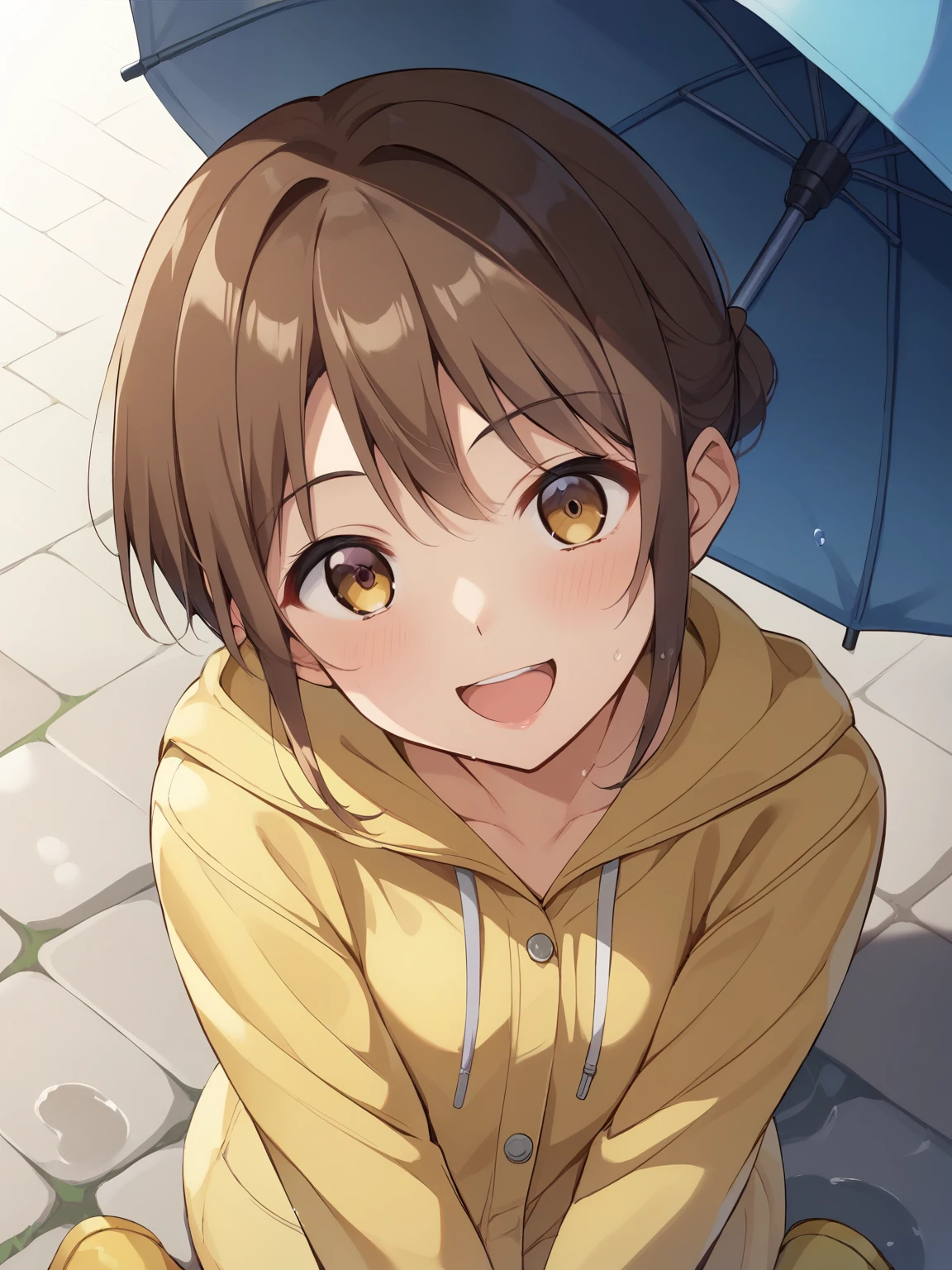  score_9,  score_8_up,  score_7_up,  score_6_up,  score_5_up,  score_4_up,Anime BREAK，nsfw， best quality，masterpiece，(  detailed background:1.2)， fisheye lens， one very young girl， innocent and cute face ，smile、 brown hair、 Had，Rainy Day、yellow raincoat、Put on the hood of your raincoat、Yellow Boots、wet young girl playing with an umbrella、Excited、長靴で puddleの水をスパークさせている、garden、 puddle， sarcasm ，