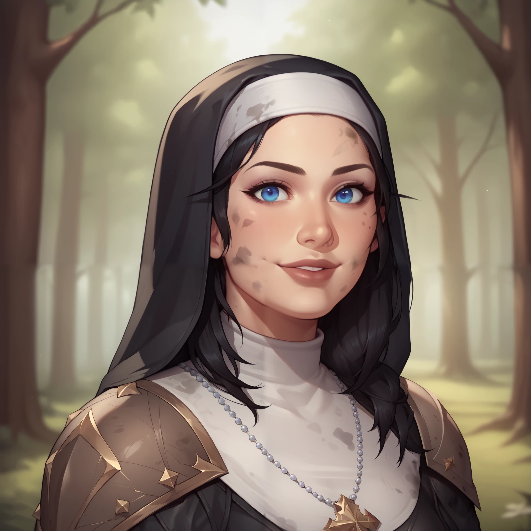 (((beautiful, high quality, comics style, detailed face))), score_9, score_8_up, score_7_up, BREAK, 1girl, duxlipa, warrior nun, small pointed ears, black hair, blue eyes, leather armor, leather shoulder pads, patterns on armor, simple pendant, nun veil, dirty clothes, smile, docile, female focus, solo:1.4, portrait, upper body, portrait, looking at the viewer, forest background, fantasy, blurred background, Expressiveh, detailxl, DeepNegative_xl_v1