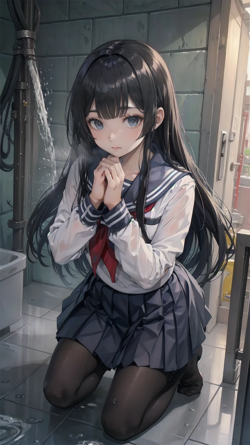 High school girl uniform, black pantyhose, outsole of foot, kneeling between hands and feet, public toilet floor wet drops, wet hair, wet clothes, transparent clothing, water is sprayed from above