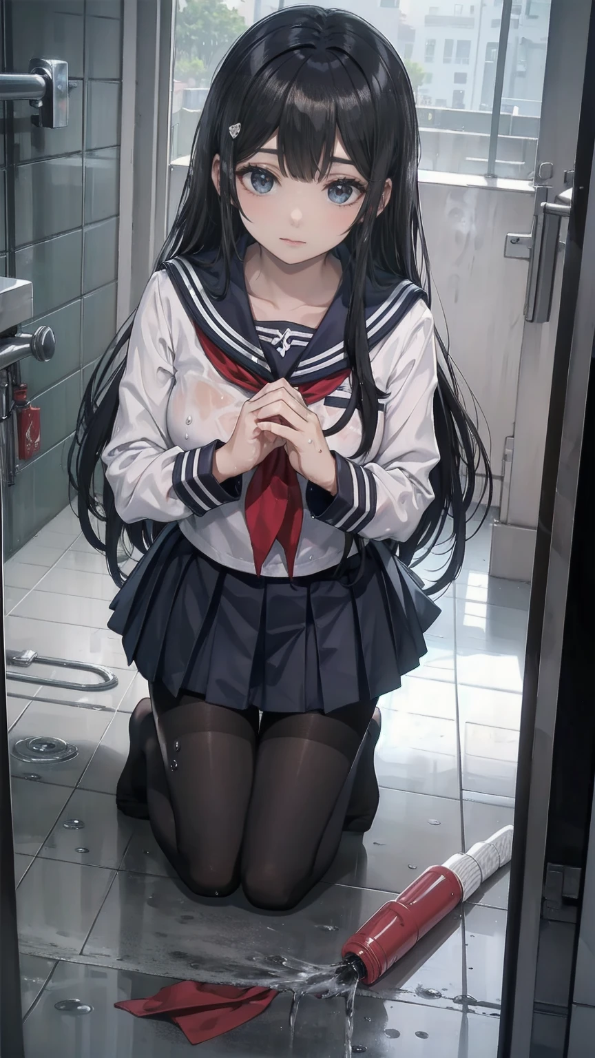 ((masterpiece,best quality)), highres, extremely detailed 8K wallpaper, depth_of_field, cowboy shot, solo, 1girl, (long hair, black hair, gray eyes:1.4), slender, skinny, medium breasts, bangs, school sailor suit, (full-face blush), embarrassed, BREAK, (Skirt lift:1.4), (lifted by self:1.4), panties focus, cowboy shot, (restroom:1.2),(urinal:1.3), dirty, trash, cracked wall, dark, broken, abandoned, (night:1.5),(dark background:1.1),  school uniform, extremely detailed hands, ((accentuate white panties)), skirt grab with both hands,