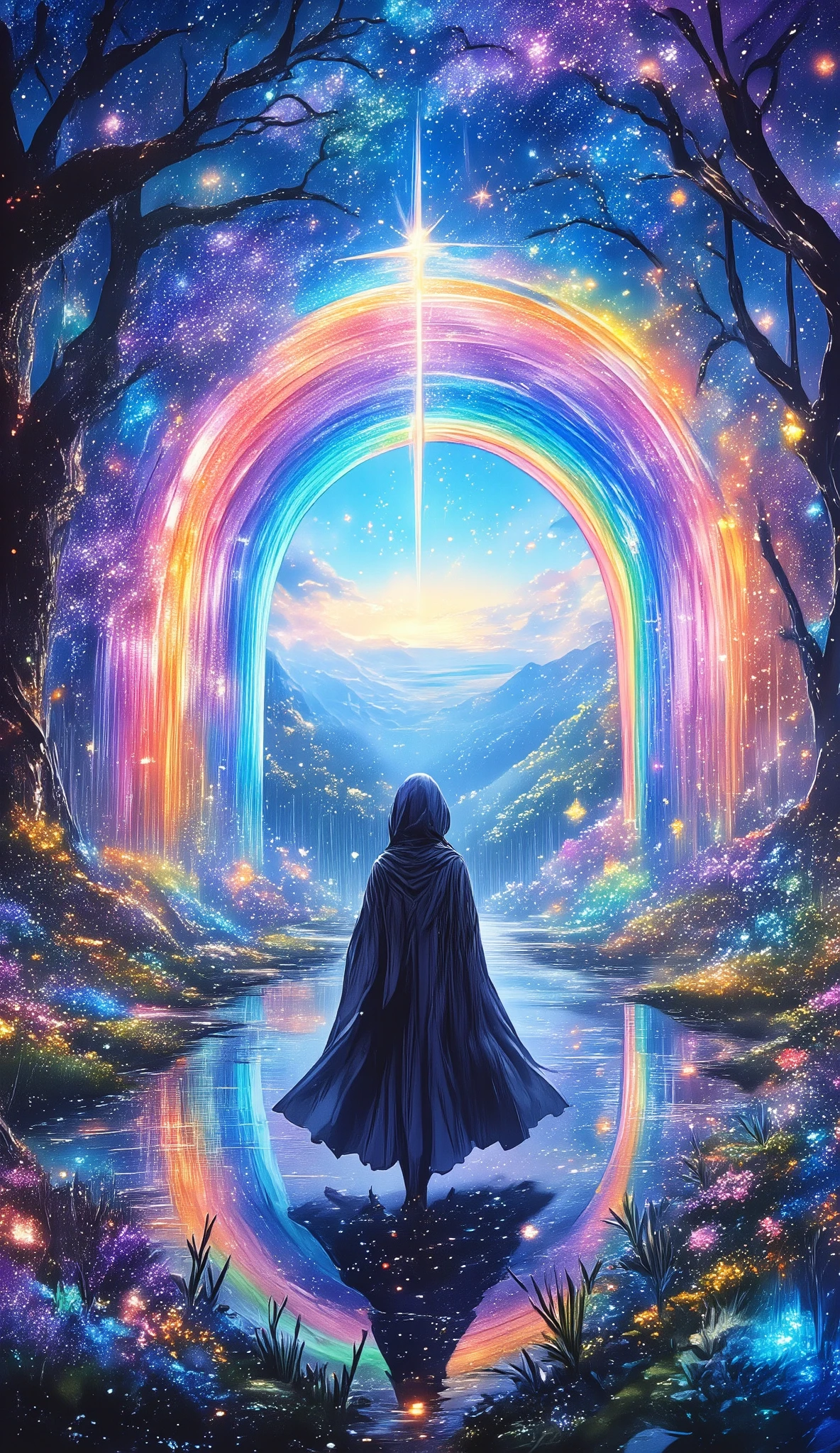 A mystical rainbow bridge, fantasy landscape, dramatic lighting, vibrant colors, (best quality, 4k, 8k, high resolution, masterpiece:1.2), ultra detailed, (realistic, photorealistic, photorealistic:1.37), HDR, UHD, studio lighting, ultra-fine painting, sharp focus, physically based rendering, extreme detail description, professional, vivid colors, bokeh, fantasy art, digital painting