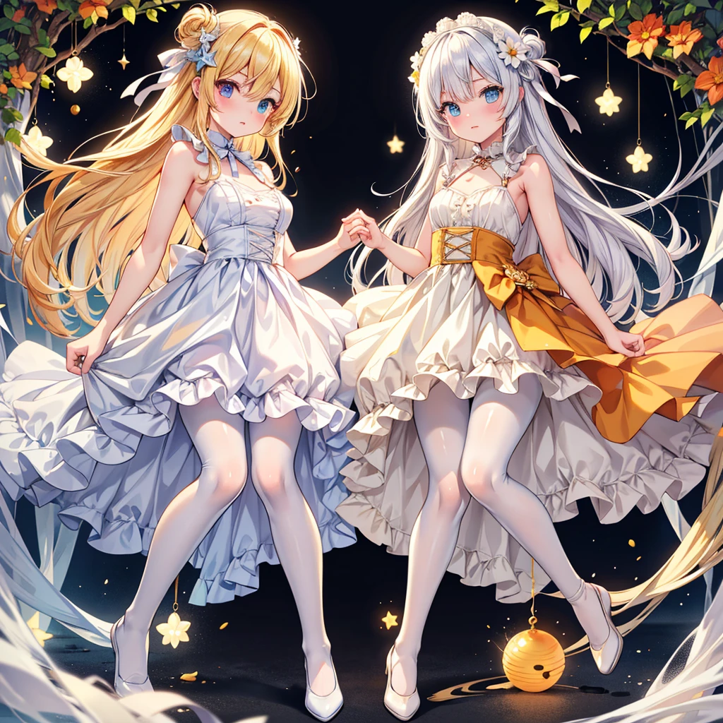 (Masterpiece, 8k wallpaper, highest quality), (best lighting, best shadows, very delicate and beautiful), Detailed anime style illustration of two girls with long blonde hair. One in blue, the other in red, dancing happily under an umbrella. 7 year old girl (young age: 1.9), beautiful night sky. The light of the stars and moon falls on the girls, and a large white circle surrounds them, symbolizing their unity in the beauty of nature. The white lilies blooming around it create a calm atmosphere. Two lovers, delicate shading gives depth to their expressions, two people, lily, facing each other, red eyes, blue eyes, blonde hair, mouth open, smiling, in front of a very beautifully designed building, undressed. Hanging, ((((NSFW)))), nipples,
