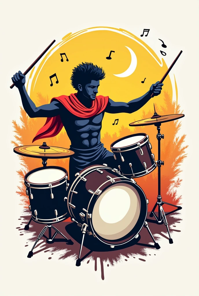 a sullen Indian smokes a peace pipe in a feather headdress plays a big rock drum kit and behind him many human souls fly into the sky, the indian looks straight ahead, drum set black two cymbals and 3 drums