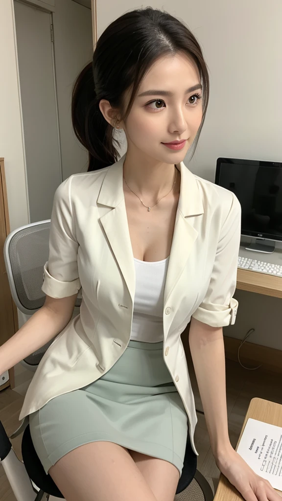 (( best quality)), ((masterpiece)), (  Details), ((Genuine)),((reality)),((photograph)),whole body、 wallpaper、 attention to detail、Working women、Age 25、Ultra slim and normal breasts、 doctor coat、 slit skirt 、Stethoscope、hospital、Brasilia, model body type 、big breast、tight shirt, cleavage、 Side Ponytail 、Small face、sitting on chair, PC Desk,look at patient