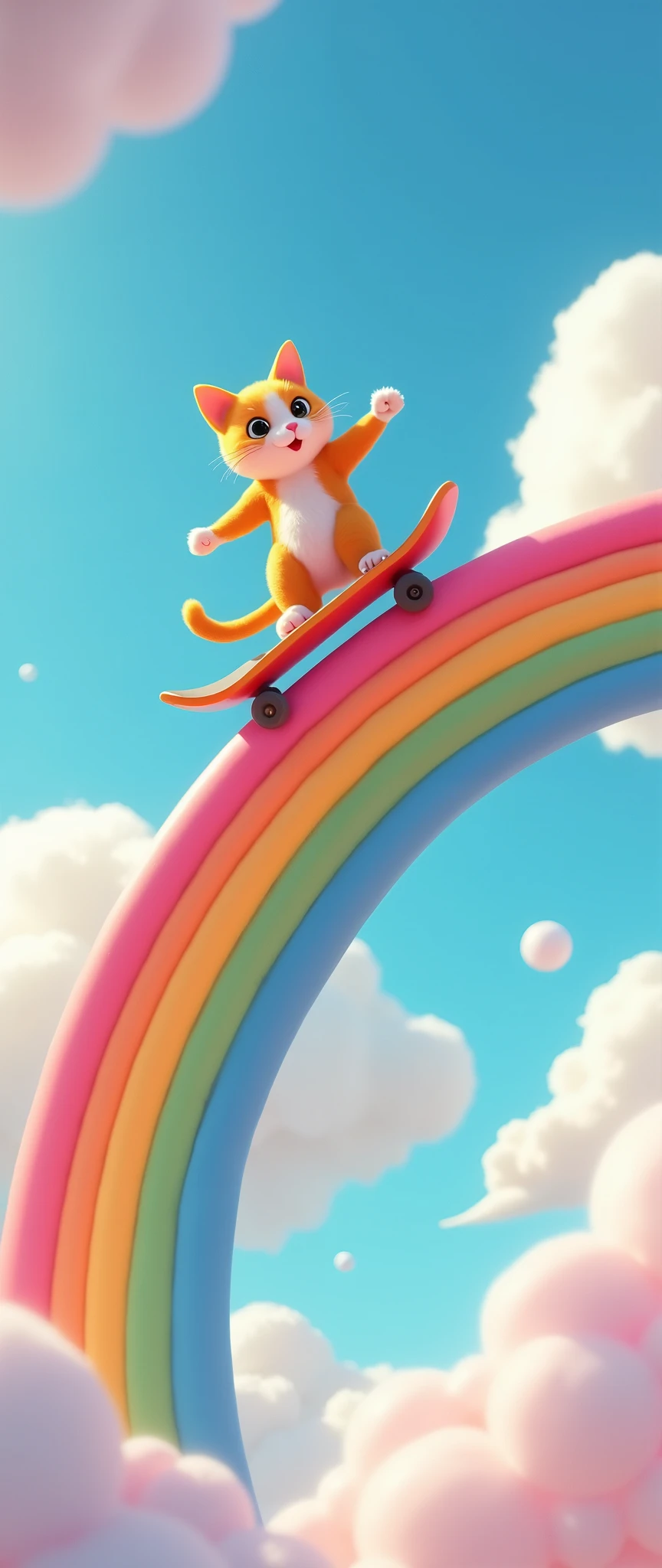 (masterpiece:1.2, Superior Quality ,Milonish, cinematic experience , super detailed, super high definition , Best Illustration , super detailed), 3D isometric illustration,16k,wallpaper,Pixar Studios ,(Rainbow Bridge:2.0),(null:2.0),(nullに浮かぶRainbow Bridgeの上でスケートボードのトリックを決める可愛い猫のクローズアップ:2.0), dynamic,( deformed characters :2.0), Minimalist ,Pixar Studios ,From below,(cloud:2.0),( cute illustration:2.0),( beautiful gradation :2.0),( comical :2.0), Rainbow Colors 