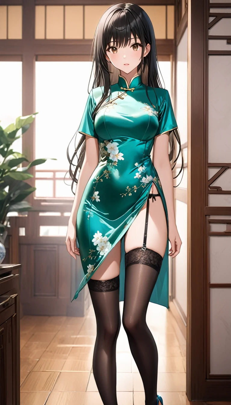  best quality、  Unity 8K Wallpaper、32K、masterpiece、 Very detailed、  ultra high resolution、 Very detailedな顔、 RAW photo、professional、Ultra-detailed paintings、female 1 person、Green long china dress in shiny, shiny silk fabric with slits、Furukawa Yui、 black hair、 Brown Eyes 、 long hair、、 stockings、 garter belt、Blue Stiletto Heels 、