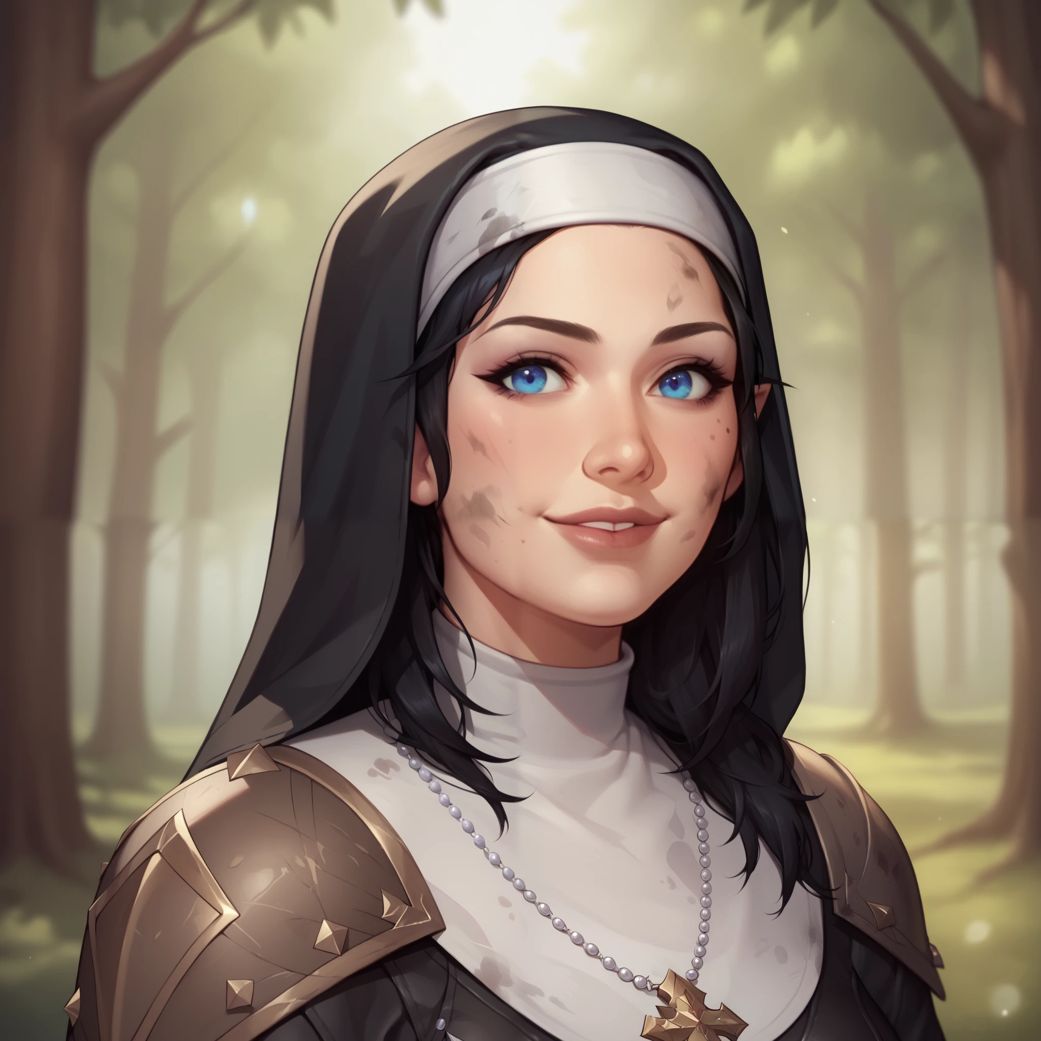 (((beautiful, high quality, comics style, detailed face))), score_9, score_8_up, score_7_up, BREAK, 1girl, duxlipa, warrior nun, small pointed ears, black hair, blue eyes, leather armor, leather shoulder pads, patterns on armor, simple pendant, nun veil, dirty clothes, smile, docile, female focus, solo:1.4, portrait, upper body, portrait, looking at the viewer, forest background, fantasy, blurred background, Expressiveh, detailxl, DeepNegative_xl_v1