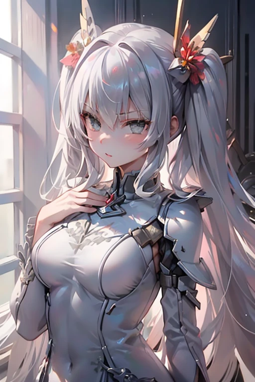 aap01s, grey eyes, silver hair,long hair, headgear, large breasts, cleavage, bodysuit, leotard, gloves, pantyhose,slender,masterpiece,Noise Reduction,perfect anatomy,high resolution, ultra-detailed, ultra-detailed face,game cg,dutch angle ,beautiful detailed eyes,visualart,five fingers, perfect hands, perfect lighting, sparkling pupils,
