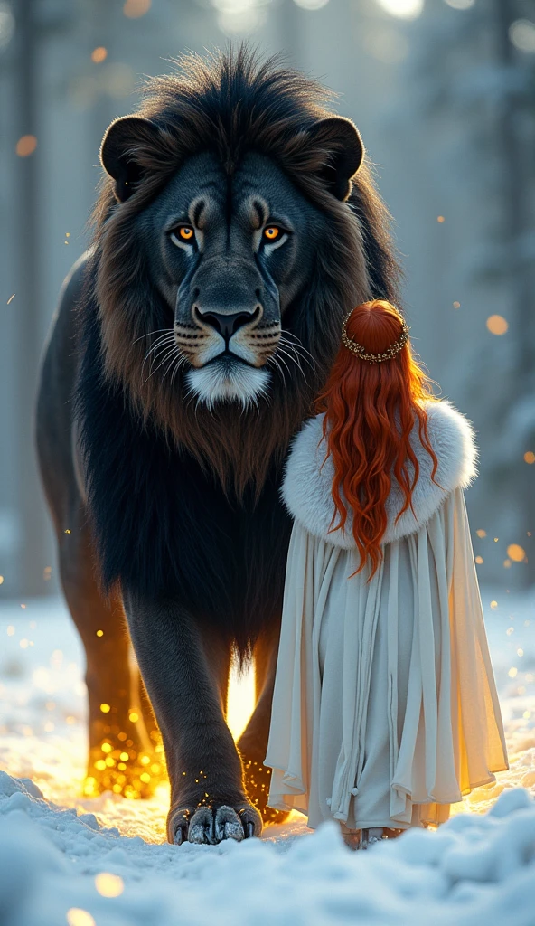 "Create an image of a beautiful red-haired woman walking alongside a huge black lion with long fur. Bright neon pink eyes. The huge lion is outlined in neon yellow and surrounded by a bright yellow light, resembling glowing spirits. The woman wears a Viking princess outfit made of all-white wolf fur, with intricate, hyper-detailed textures and realistic flow and sound. The environment is heavily snowed in. The huge lion exudes power and strength. I want them looking at me. virtual, ultra-HD: 0.9) (cinematic atmosphere, dynamic lighting: 0.85) (natural light highlighting their form and clothing: 0.75) (constant diffusion for smooth, realistic movement: 0.85) (8k resolution, HDR, intricate details in the environment, their clothing and their glowing presence: 0.9) (They both exude strength and confidence, creating a powerful and ethereal scene: 0.85)."