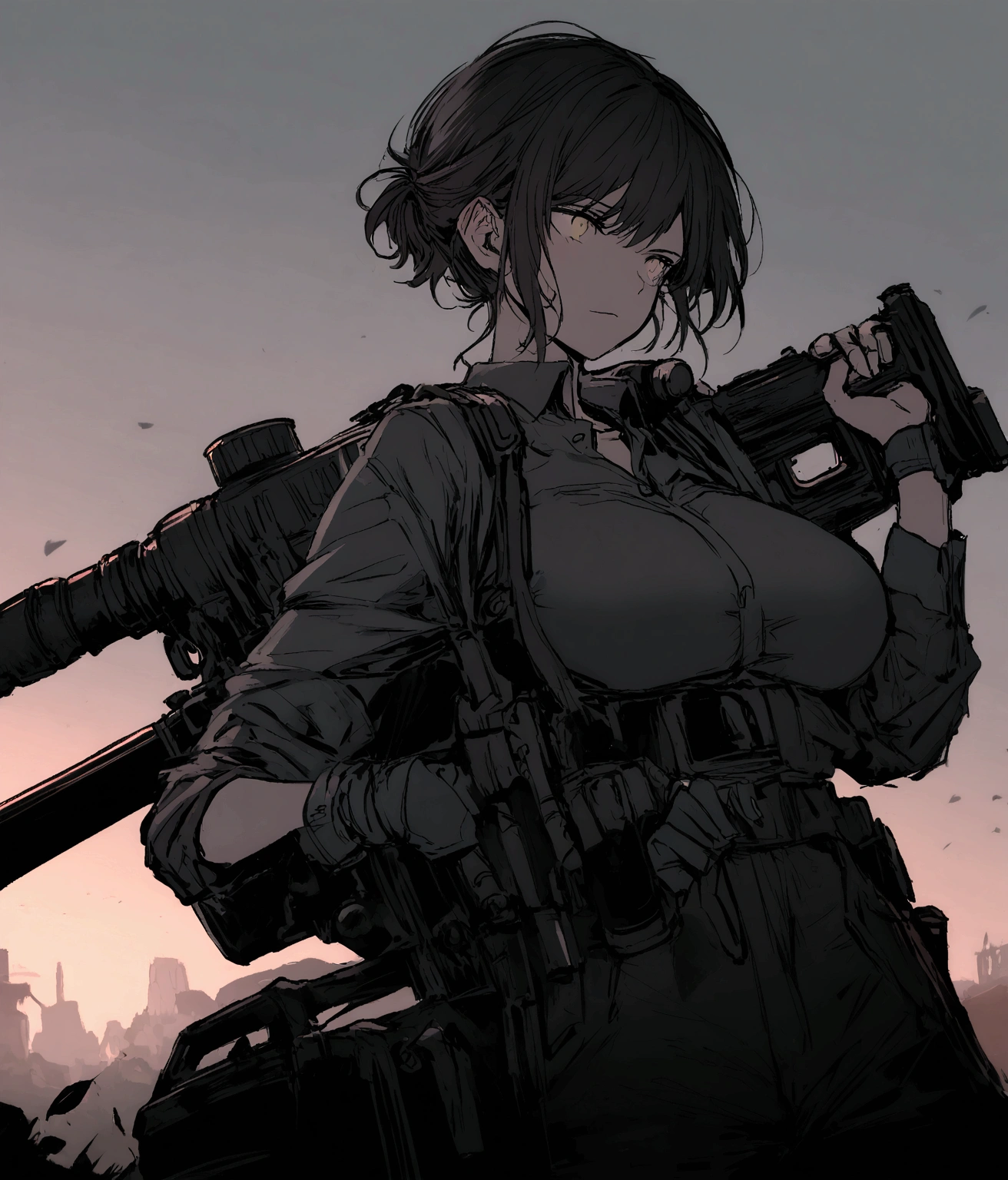 Men's short hair hairstyle Holding an AK rifle Big breasts Holding a minigun 