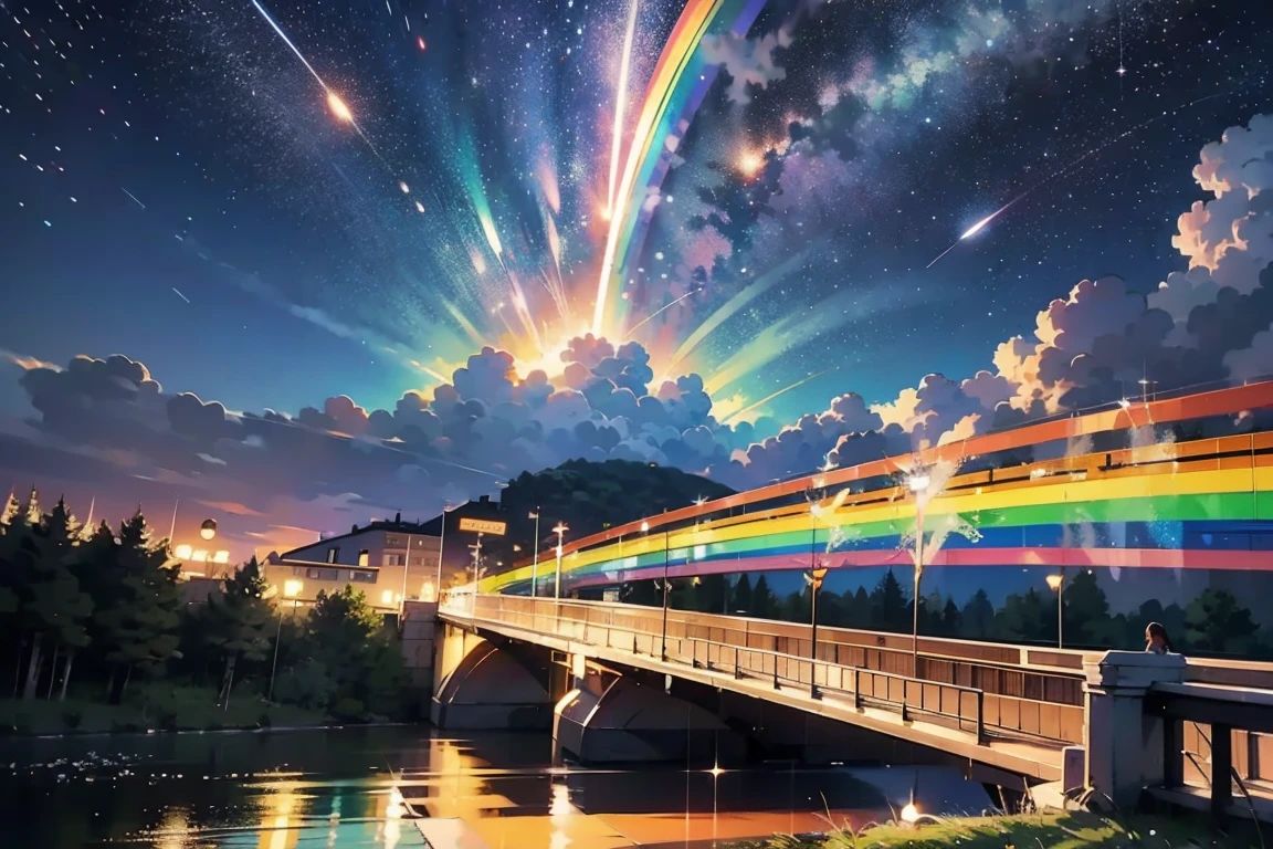 ((Rainbow Bridge)), masterpiece, beautiful, exquisite, 4K, happy, in the sky, in the clouds, surrounded by stars and meteor shower, beautiful, fantasy, pastel academia, art academia, dynamic angle, colorful lighting, wide angle lens