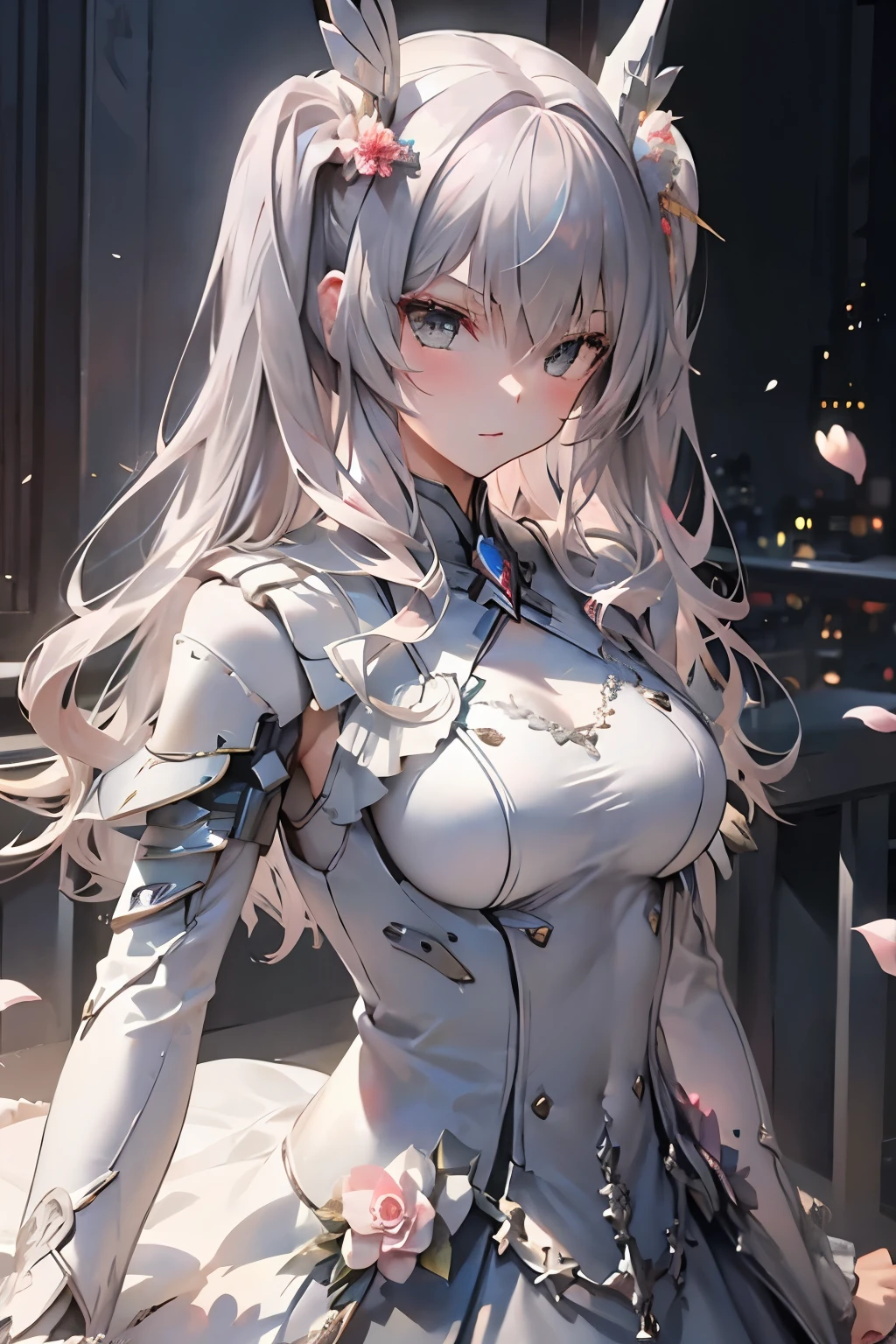 super detailed , masterpiece, best quality, Alone, Serious, 1 girl , (White Eyes:1.1), ( Grey Eyes:1.3), Grey Hair, very long hair, Farewell, split bangs, medium breasts, Valkyrie , pinkの翼のヘアオーナメント, pink,
wrenchrococodome, grey dress, has , has flower, upper body、 camera