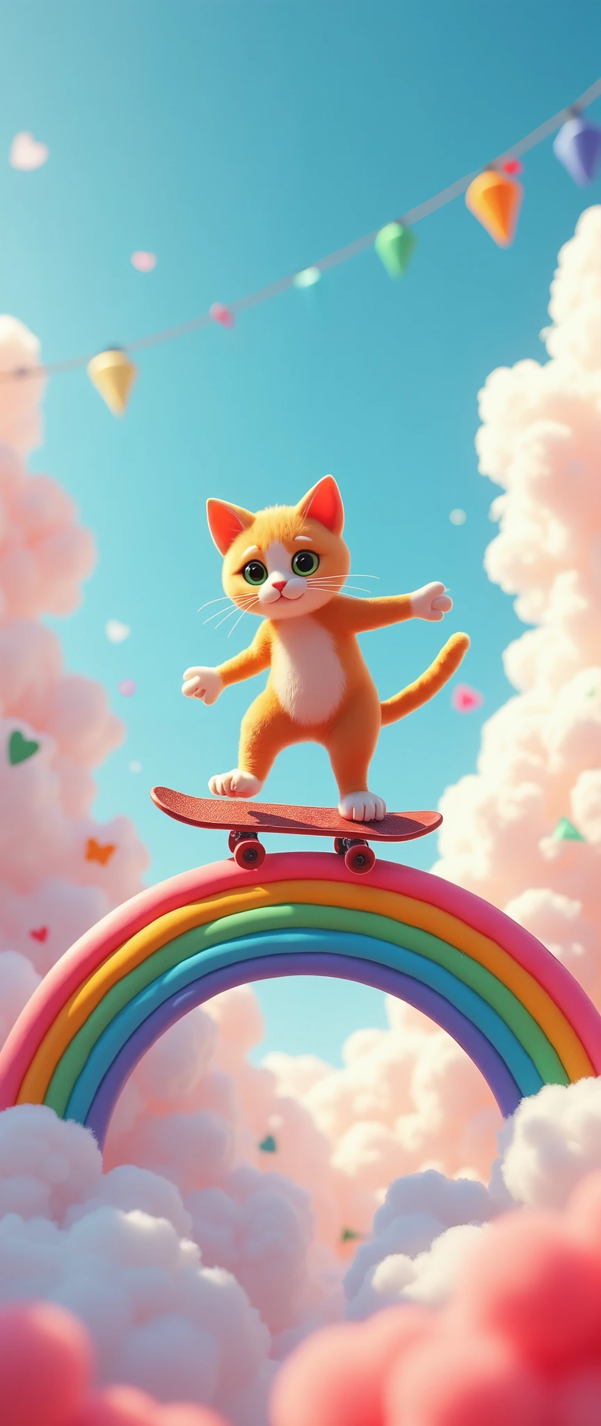 (masterpiece:1.2, Superior Quality ,Milonish, cinematic experience , super detailed, super high definition , Best Illustration , super detailed), 3D isometric illustration,16k,wallpaper,Pixar Studios ,(Rainbow Bridge:2.0),(null:2.0),(nullに浮かぶRainbow Bridgeの上でスケートボードのトリックを決める可愛い猫のクローズアップ:2.0), dynamic,( deformed characters :2.0), Minimalist ,Pixar Studios ,From below,(cloud:2.0),( cute illustration:2.0),( beautiful gradation :2.0),( comical :2.0), Rainbow Colors 